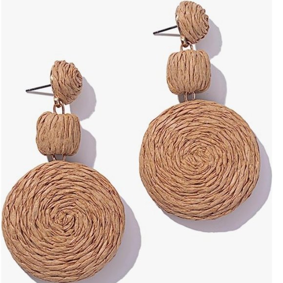 Tan Rafia Earrings Wicker Beach Statement Rattan Big Straw Dangle 80s 90s Retro - Picture 4 of 10